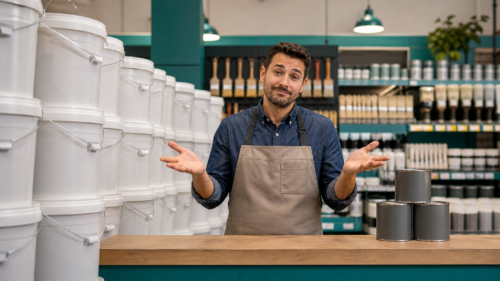 Hardware store paint associate comparing small paint cans with a large stack of five gallon buckets