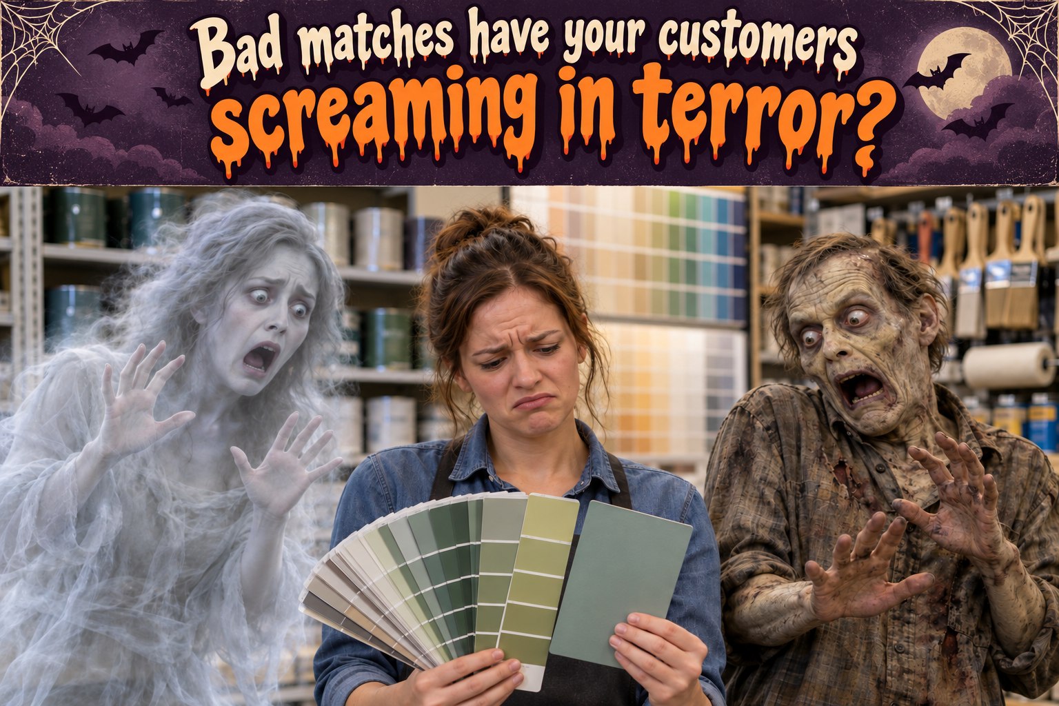 Bad matches have your customers screaming in terror: a paint-store customer with a ghost and zombie.