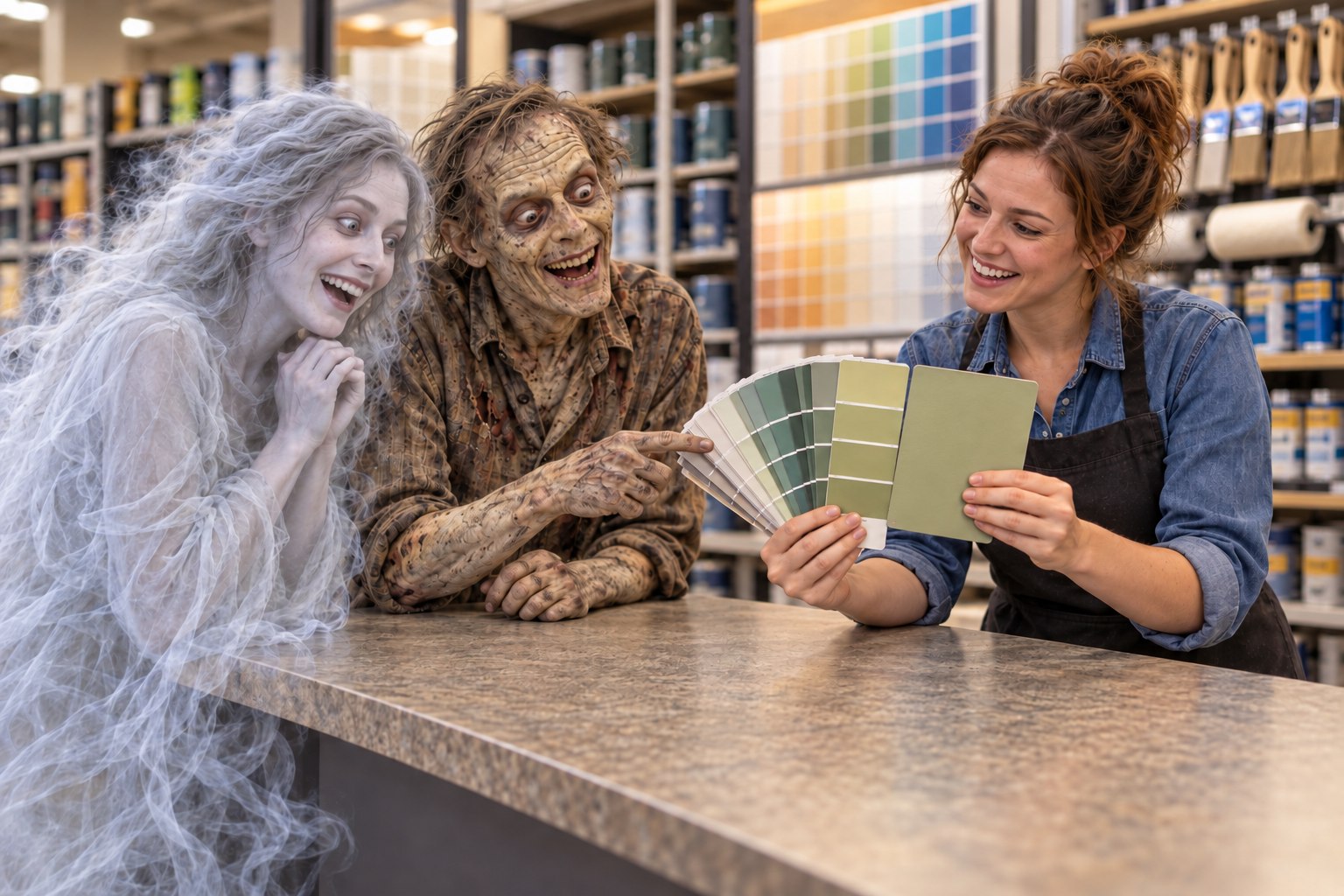 A happy paint-store customer, ghost and zombie admiring color samples.